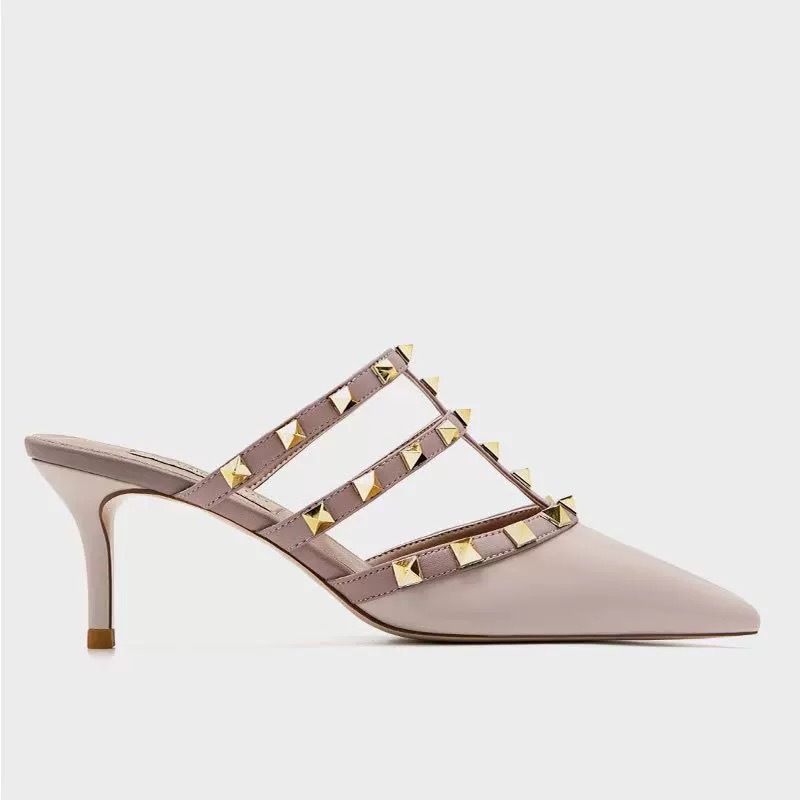 Heels Sandals Women Chunky Heel Pumps V Alentino Rivet Sandals Nude Patent Leather Studded Pointed Toe Stiletto Heel Mules For Women New Slip On Back_vogvips.com