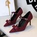 1826-AH83 European And American Style Party Bowknot Studded T-strap Pointed High-heeled Suede Sexy Women's Shoes_vogvips.com