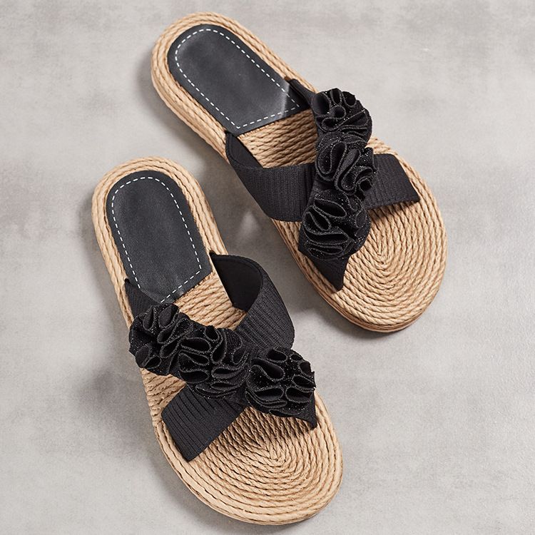 Women’s Shoes New Summer One Line Women's Slippers Rope Bottom Solid Color Fashion Trend Indoor And Outdoor Row Of Flower Slippers_vogvips.com