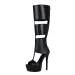 Womens Black Cutout Platform Knee Sandals Peep Toe Stiletto High Heel Boots_vogvips.com