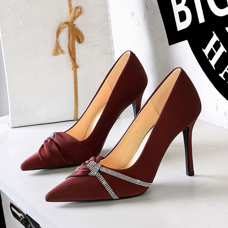 High Heels Thin Heel Super High Heel Shallow Mouth Pointed Rhinestone Bow Single Shoes Women's Shoes_vogvips.com