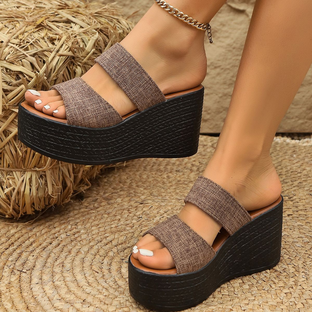 Women's Open Toe Wedge Sandals Summer Platform Slippers plus Size Thick Sole in Sizes 34-43 Casual Breathable PU Leather_vogvips.com