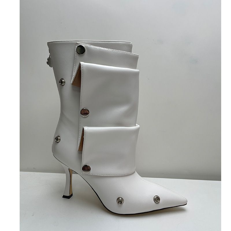 Women's Shoes High Heel Pointed Metal Rivet Denim Splicing Two Wear Pile Knee High Boots Large Size Women's Shoes_vogvips.com