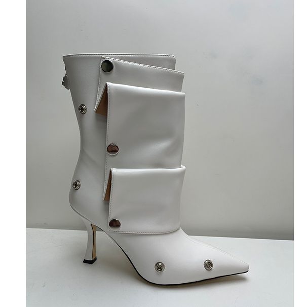 Women's Shoes High Heel Pointed Metal Rivet Denim Splicing Two Wear Pile Knee High Boots Large Size Women's Shoes_vogvips.com