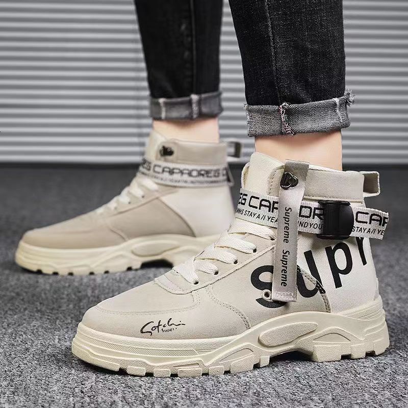 Mens Beige High Top Platform Non Slip Sneakers Footwear With Printed Straps For Casual Street Daily Wear_vogvips.com