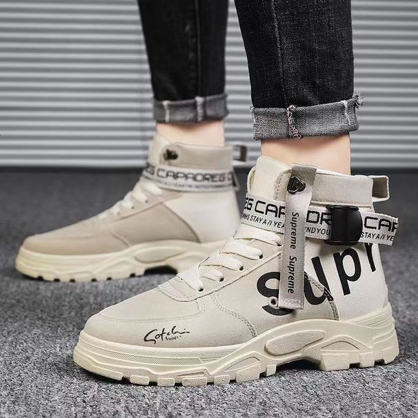 Mens Beige High Top Platform Non Slip Sneakers Footwear With Printed Straps For Casual Street Daily Wear_vogvips.com
