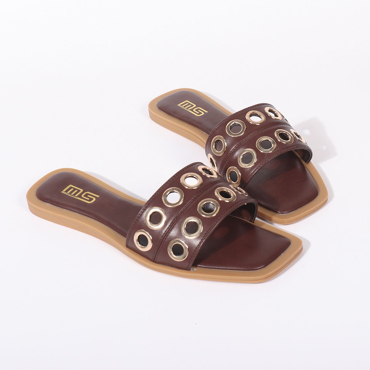 Women's Shoes Autumn New Style Flat Square Toe Metal Rivet Embellished Open Toe Backless Flat Sandals For Women_vogvips.com