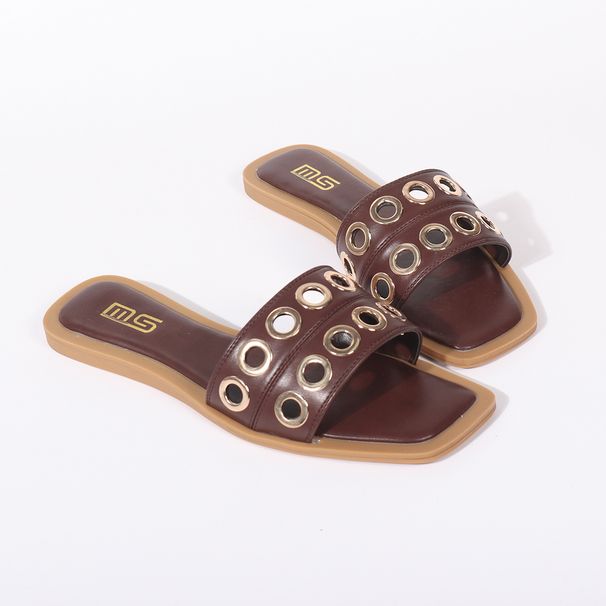 Women's Shoes Autumn New Style Flat Square Toe Metal Rivet Embellished Open Toe Backless Flat Sandals For Women_vogvips.com