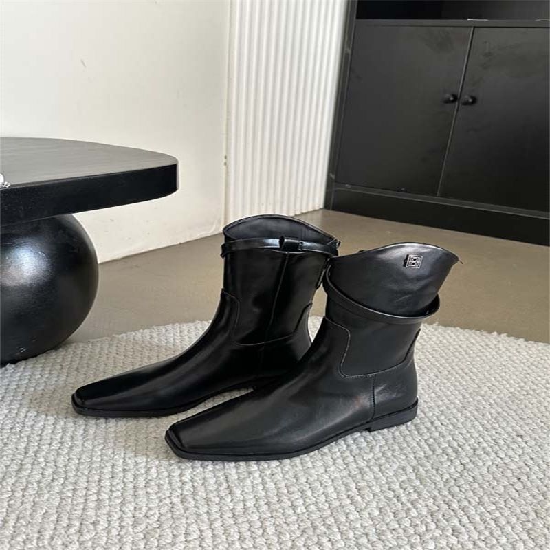 Korean Style Short Boots With Square Toe, Back Zipper, Chunky Heel, Stretchy And Slimming_vogvips.com