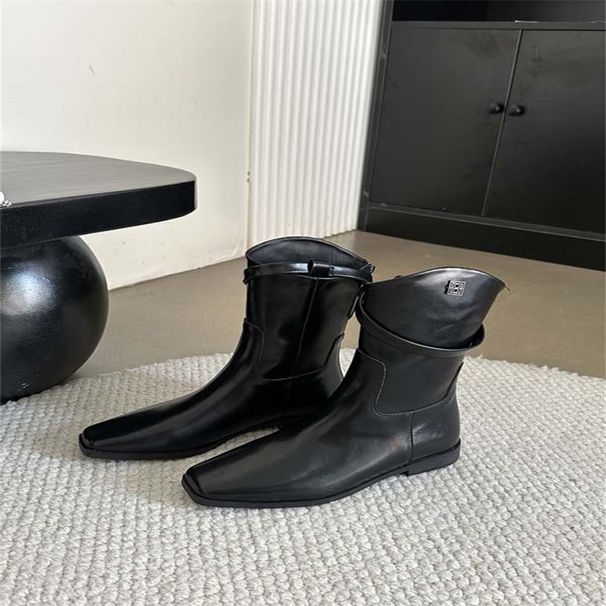 Korean Style Short Boots With Square Toe, Back Zipper, Chunky Heel, Stretchy And Slimming_vogvips.com
