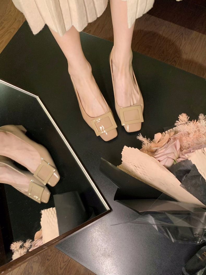 In-stock Sheepskin Version~Square Buckle Commuting Chunky Heel Square Toe Elegant High-heeled Women's Genuine Leather_vogvips.com