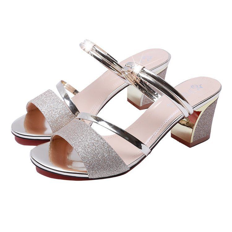 Peep Toe For Women, Chunky High Heel, 2023 Summer New Korean Style, Two-Way Wear, Fashionable Rhinestone Women's Sandals_vogvips.com