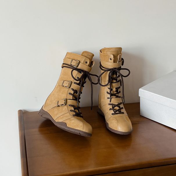 Women Boxing Boots Cowhide Version~5Cm Height-Increasing Thick-Soled Boxing For Women Upgraded Version Duck Hunting Belt Buckle Design_vogvips.com