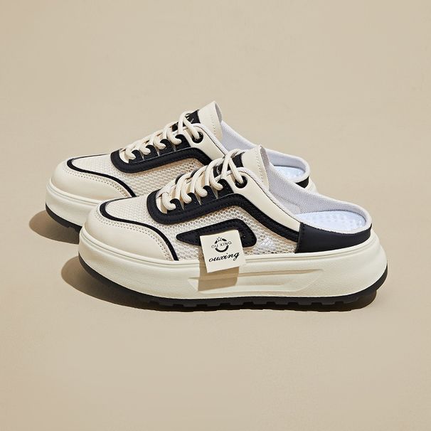 Half Tray White Shoes Female Student Mesh Breathable Heightening Shoes Casual Board Shoes_vogvips.com
