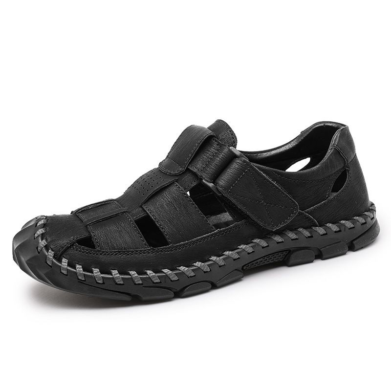 Cross-border Large-size Sandals 2024 Summer New Casual Closed-toe Genuine Leather Perforated Slip-on Men's Beach Shoes_vogvips.com