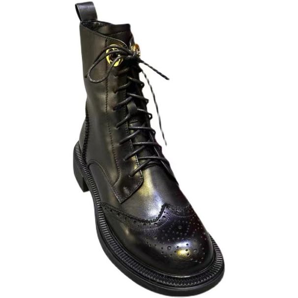 European Station Winter Martin Round Toe Carved Leather Flat Short Front Lace-up Low Heel British Style Fleece Lined_vogvips.com