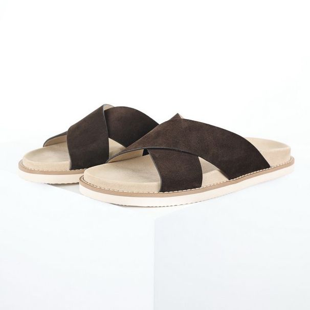 Designer Mens Slippers Brunello Cucinelli Suede Cross Strap Slides Beige Black Brown Slip On_vogvips.com