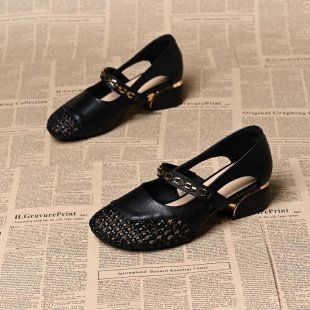 4cm Genuine Soft Leather French Hollow-out Summer Women's Shoes, Breathable And Stylish, Woven Round-toe, Single-strap,_vogvips.com