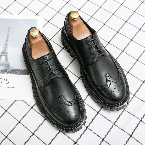 Euro Step Brogue Leather For Men Korean Version British Thick Sole Round Toe Height Increasing Business Casual Big Hair Stylist_vogvips.com