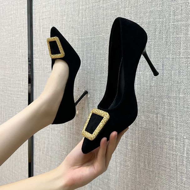 French Square Buckle Black Rhinestone High Heels For Women, 2025 Autumn New Style, Temperament, Slim Heel, Professional_vogvips.com