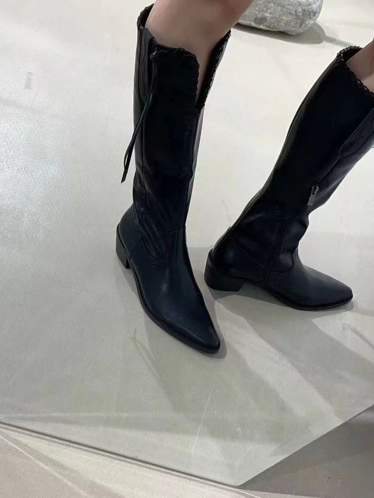 Brown Pointed Toe Western Cowboy Women, Chunky Heel, Over-the-Knee V-Cut High Tube Riding Boots, Long Boots For Women_vogvips.com