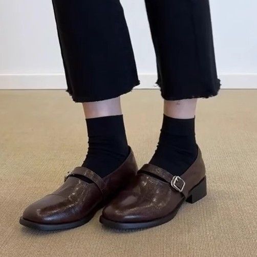 In-stock Version~Vintage Minimalist Style Round-toe Women's Leather With Belt Buckle Mary Jane Single Shoes Chunky Heel_vogvips.com