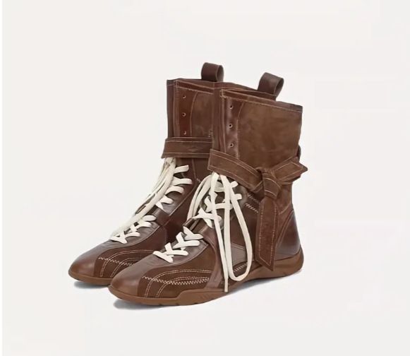 Winter Plus Size Wedge Heel Boxing Outdoor Boots Women's Lace Up Retro Color Block German Training Mid Calf Martin Boots In Stock_vogvips.com