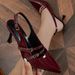 Spring New Pointed-toe Burgundy Thin-strap Shoes, Versatile Cat-heel Mules, Elegant One-strap High-heeled Sandals_vogvips.com