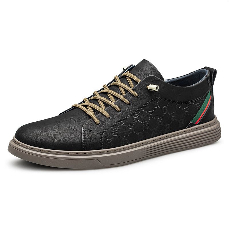 Men's Round Head Board Shoes Cowhide Surface Breathable Embossed Casual Little White Shoes Low-top Sports Men's Shoes_vogvips.com