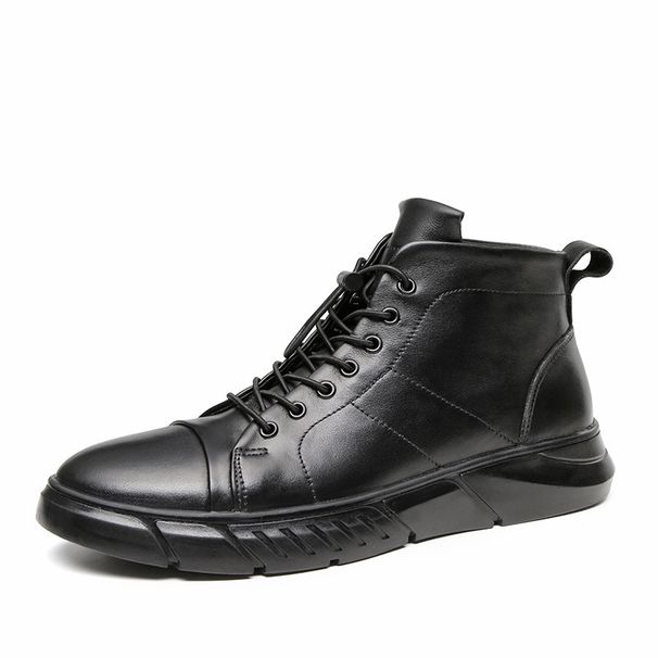 Men's Round Head Irst Layer Cowhide Casual Men's Board Shoes Ront Lace-up Breathable Low-heeled Board Shoes High-top Velvet Men's Shoes_vogvips.com