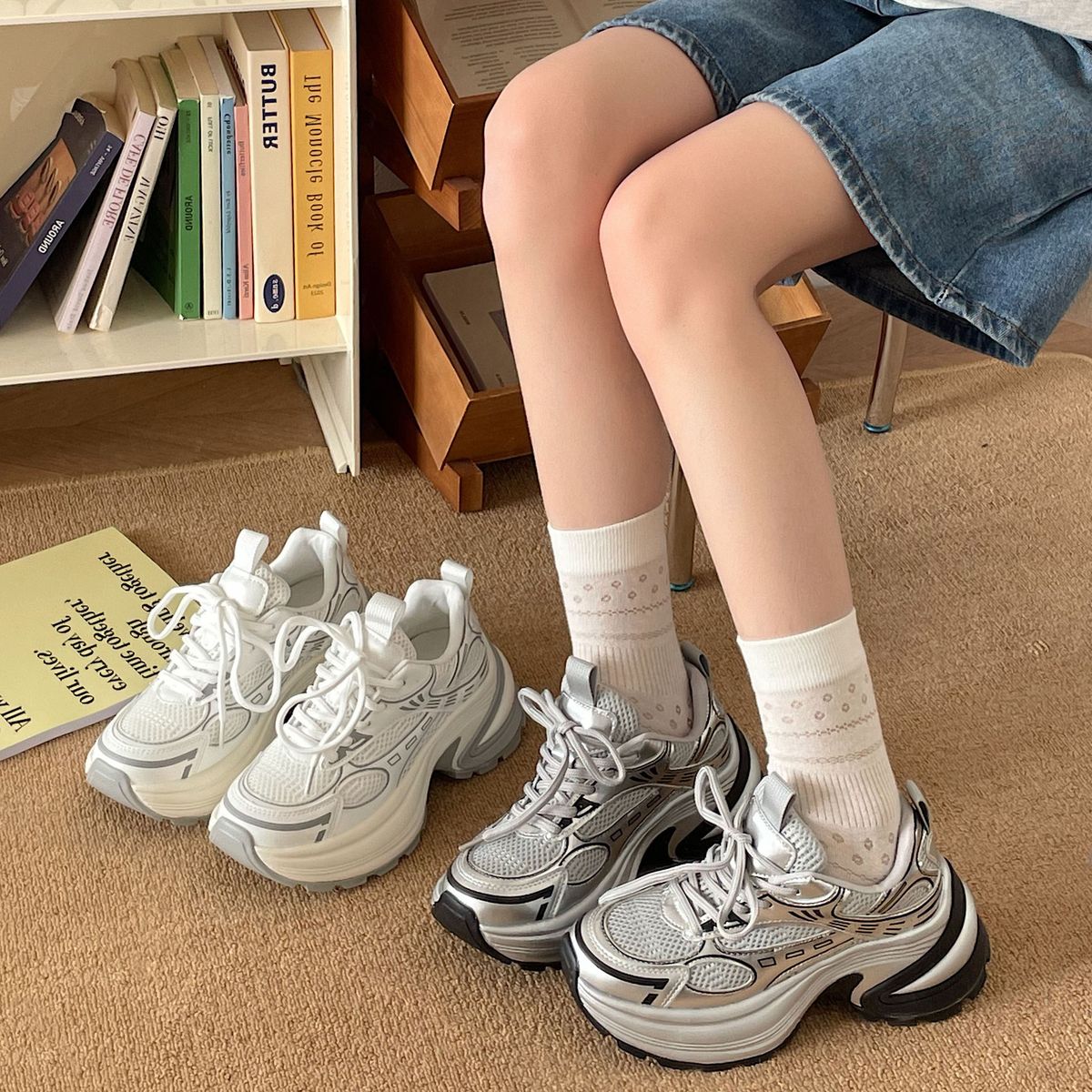 Silver Mesh Dad Shoes For Women 2025 Spring New Platform Thick Sole Height Increasing Slimming Lightweight Casual_vogvips.com
