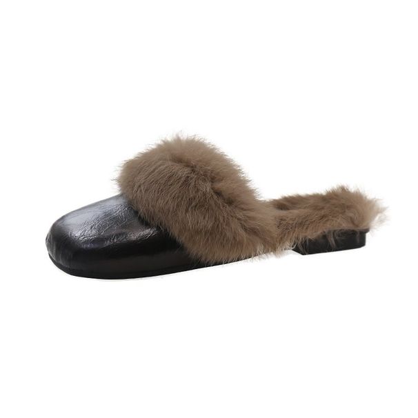 Women's Shoes Large Size Casual Flat Bottom Fur Slippers Autumn And Winter New Style Baotou Bright Leather Warm Fur Slippers_vogvips.com