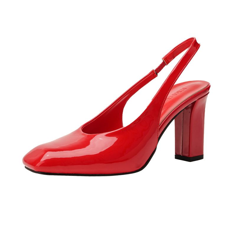 2025 Spring And Summer New Patent Leather Square Short With High Heels Backless Closed-toe Sandals_vogvips.com