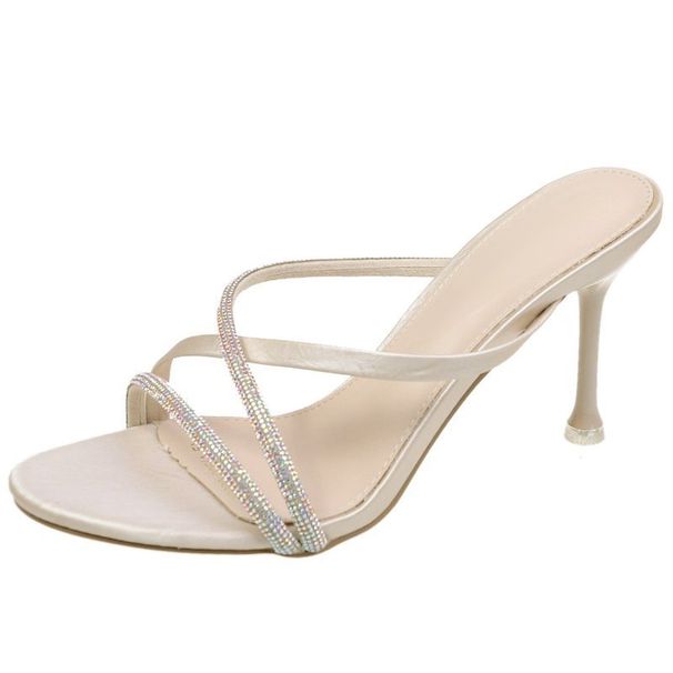 2026 New Style High Mid Heel Shoes Round Toe European And American Slippers One-Line Rhinestone Sandals For Women Summer_vogvips.com
