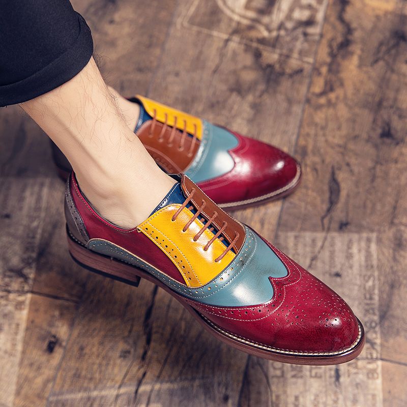 Euro Step Brogue Carved British Style Color-Block Leather Baroque Height-Increasing Contrast Wedding Groomsman Men's Shoes_vogvips.com