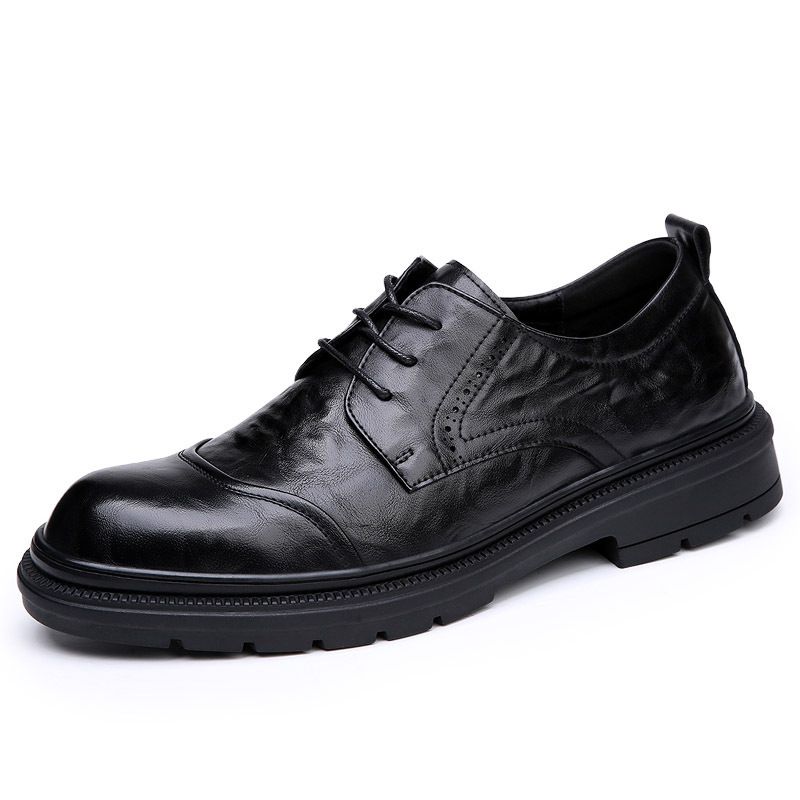 Business Formal British Round Toe Derby Genuine Leather Casual Lace-up Men's Breathable Groom Wedding Shoes Men_vogvips.com