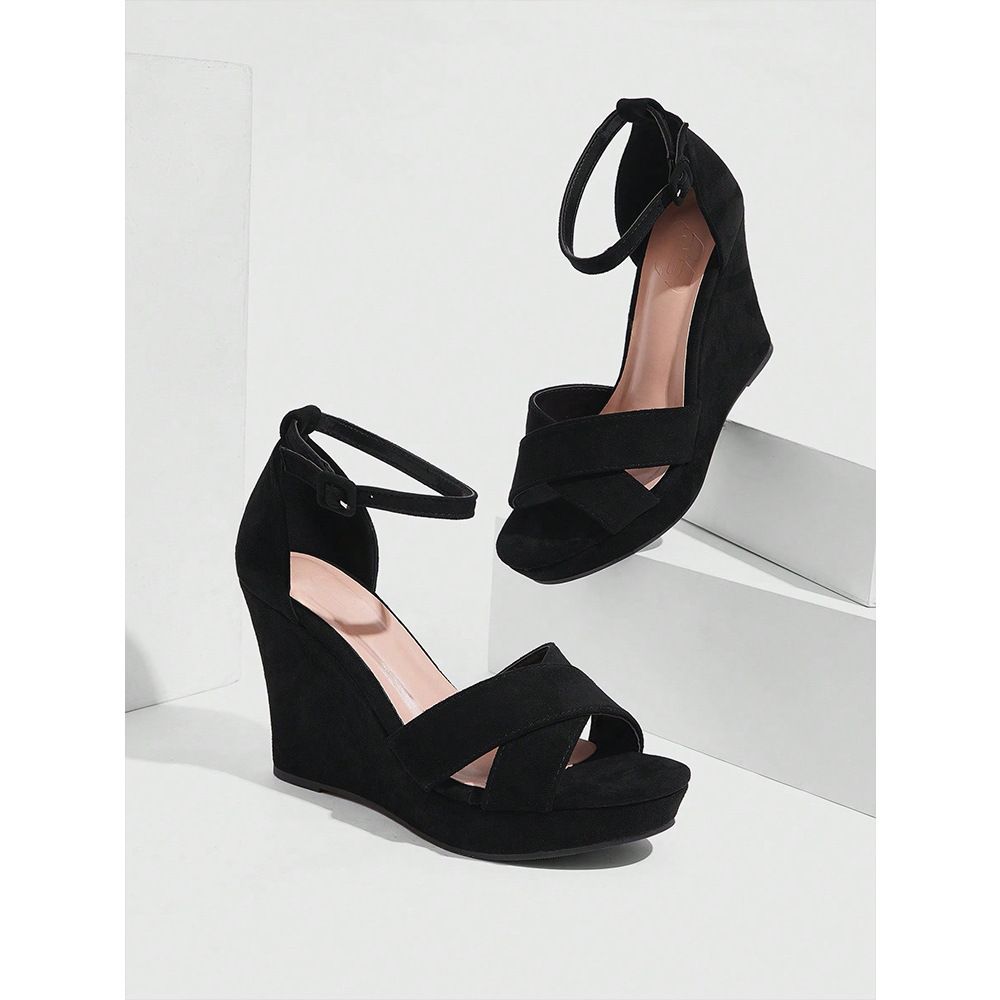 The New Summer Vintage Suede Cross Strap Black Peep-toe Sandals_vogvips.com