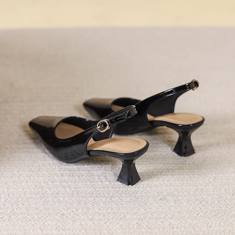 Square Open Back Sandals 2025 New French Style Closed Toe Women's Summer Patent Leather One Strap High Heels Thin Heel_vogvips.com