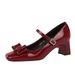 Women's Elegant Bow-Trimmed Patent Leather Mary Jane Pumps With Chunky Heel And Adjustable Buckle Strap - Perfect For Parties, Work & Daily Wear_vogvips.com