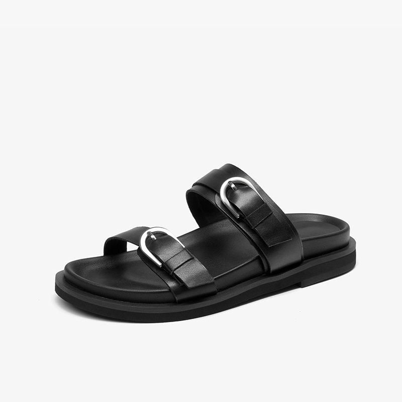 BEAUTODAY Casual Slippers Women Genuine Leather Solid Double Strap Summer Beach Ladies Brown Footwears Handmade 34085_vogvips.com