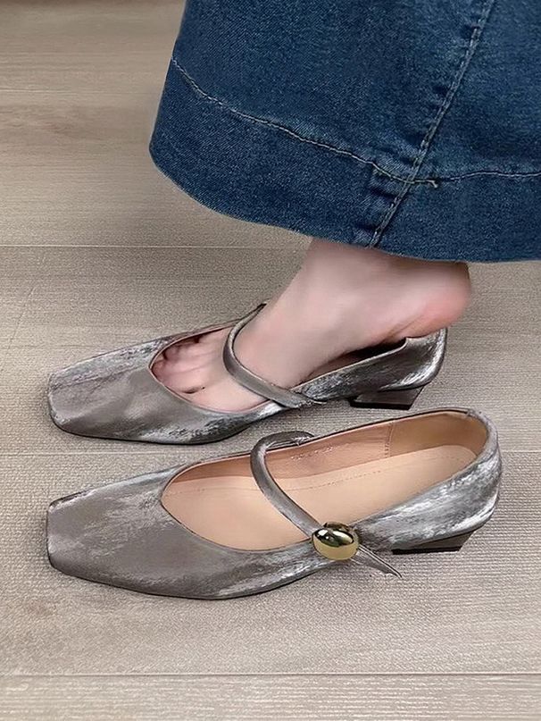 Elegant French Retro Mary Jane Shoes With Chunky Heel & Square Toe - Adjustable Metal Buckle Strap Ballet Flats For Women_vogvips.com