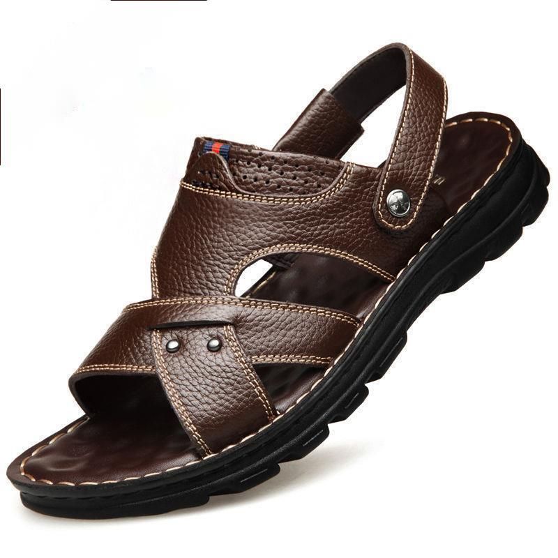 Sandals Men's Casual Top Layer Cowhide Beach Shoes Summer New Comfortable Dual-use Sandals Leather Versatile Outdoor_vogvips.com