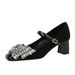 Coarse Heel Suede, Light Mouth Square Head Shining Rhinestone Buckle With Mary Jane Single Shoes Women_vogvips.com