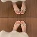 Fairy Pearl Bow Ope-Toe Slippers Summer Outdoor Frech Style Stuig Roud Toe Rhiestoe Chuky Heel Sadals For_vogvips.com