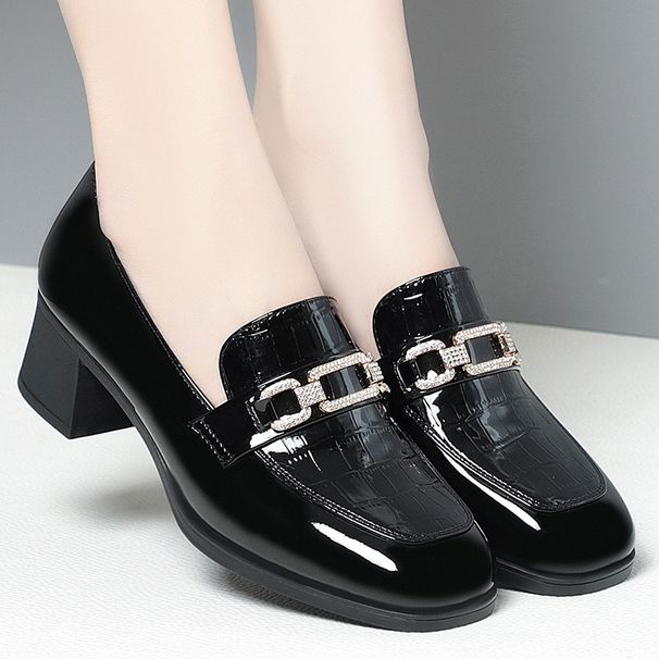 Chunky Heel Single For Women 2023 New Spring Women's Middle-aged Ladies Patent Loafers Soft Sole Mid-heel Deep Mouth_vogvips.com