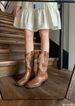 Instant Dispatch Su Yinyin He Sui Same Style Embroidered V-Cut Western Denim Mid-Calf Riding Boots For Women With Chunky_vogvips.com