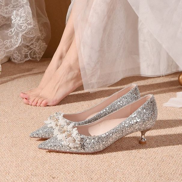 Korean Style Fashion Pointed Toe Shallow Mouth High Heels Sequin Single Thin Heel Rhinestone Women's Shoes Comfortable_vogvips.com
