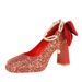 9983-H78TP French Bow Pearl Chain Strap High Square Heads Waterproof Platform Thick Heels Sparkling Single Shoes_vogvips.com