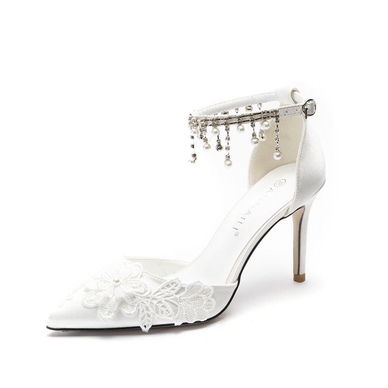 Women's White High Heeled Bridal Shoes French Style Open Toe With Pearl Tassel Chain Lace And Flowers Design Wedding Footwear_vogvips.com
