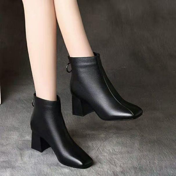 Women's Short Thick Heel Single Fleece-Lined Martin Autumn Winter New Square Toe Mid-Heel With Cotton Snow Boots_vogvips.com